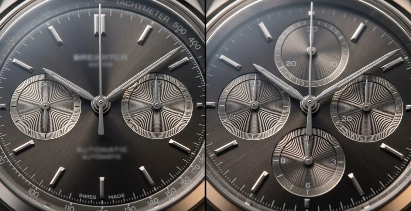 Vue macro comparative des dispositions bi-compax et tri-compax sur chronographes