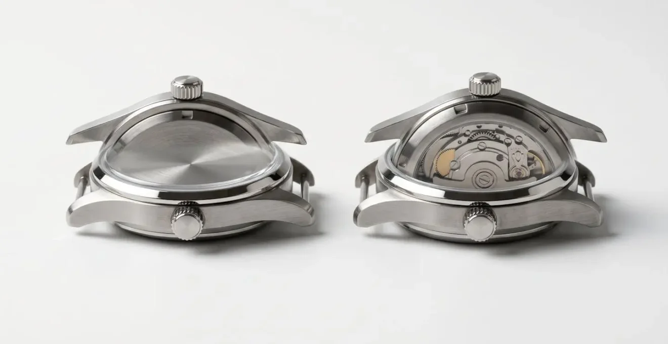Comparaison latérale de deux boîtiers de montres montrant la différence d'épaisseur entre fond plein et fond saphir