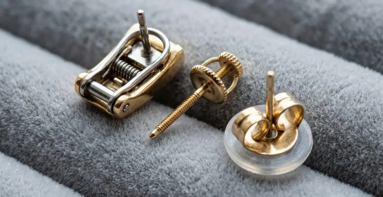 Gros plan sur différents systèmes de fermoirs pour boucles d'oreilles diamants