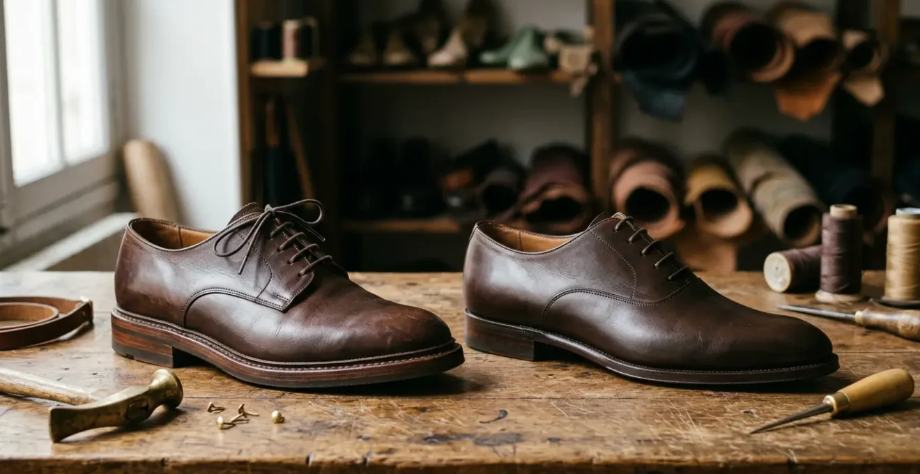 Comparaison visuelle entre chaussures montées en Goodyear et Blake avec détails de construction visibles