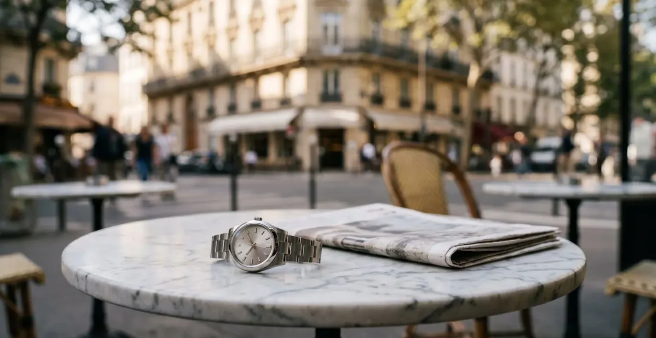 Montre en acier posée sur table de café parisien avec lumière naturelle mettant en valeur la résistance aux rayures