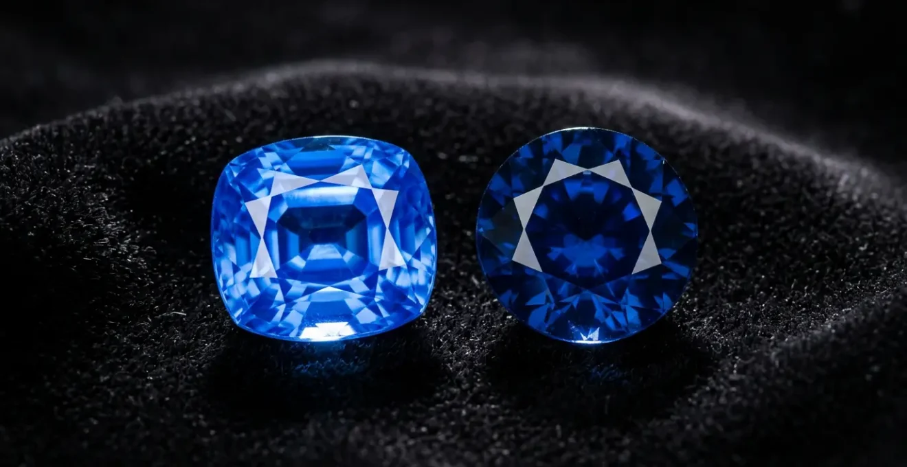 Comparaison côte à côte de saphirs bleus du Sri Lanka et de Madagascar montrant les différences de teinte et de transparence