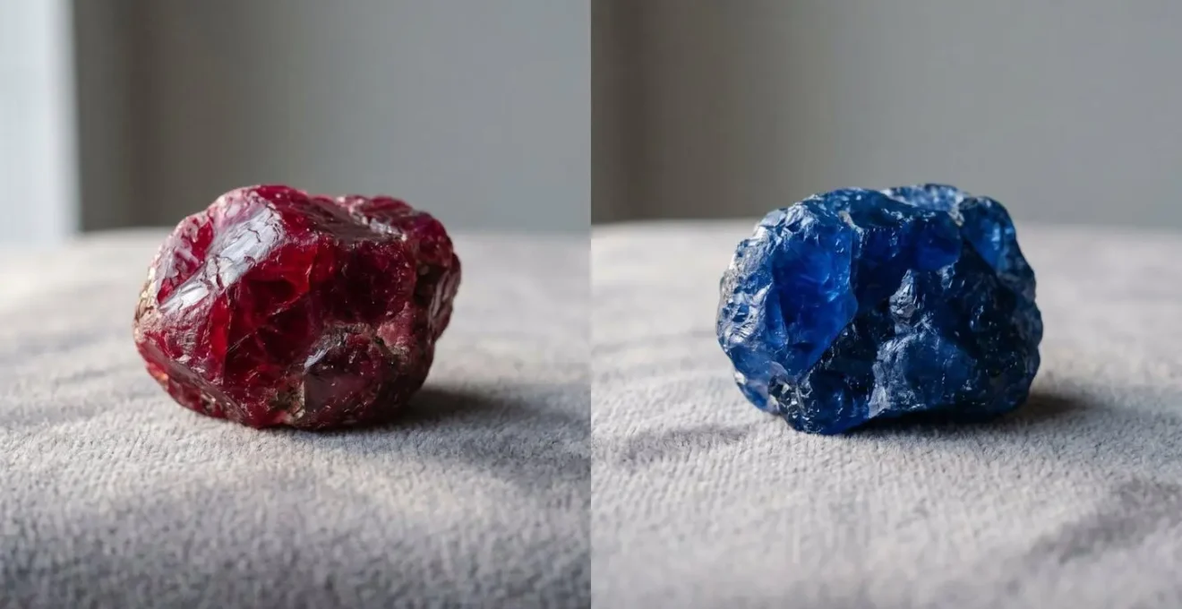 Comparaison côte à côte de la saturation d'un rubis sang de pigeon et d'un saphir bleu royal sous lumière naturelle