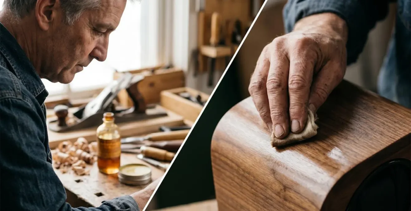 Comparaison visuelle entre finition main et machine sur bois précieux sous lumière rasante