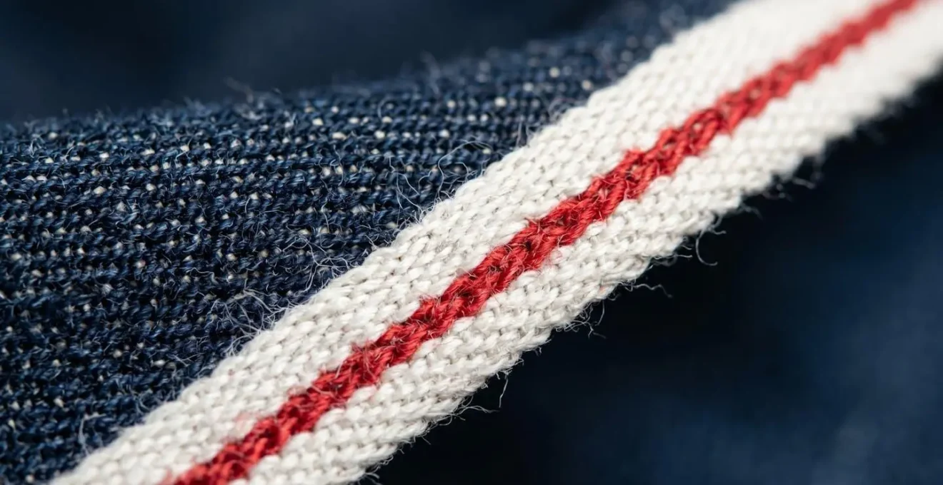 Détail macro d'une lisière selvedge rouge sur denim avec texture des fils visibles et technique de tissage traditionnelle