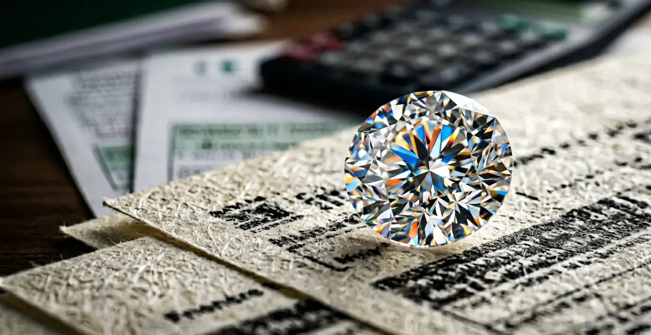 Vue macro d'un diamant brillant sur document fiscal français avec calculatrice et certificat GIA