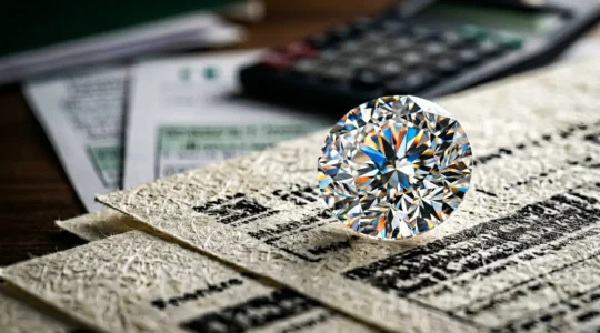 Vue macro d'un diamant brillant sur document fiscal français avec calculatrice et certificat GIA