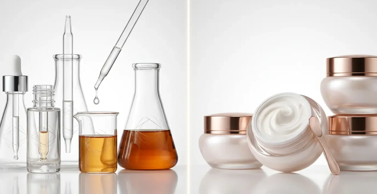 Analyse comparative visuelle entre cosméceutique et cosmétique traditionnelle dans un laboratoire moderne