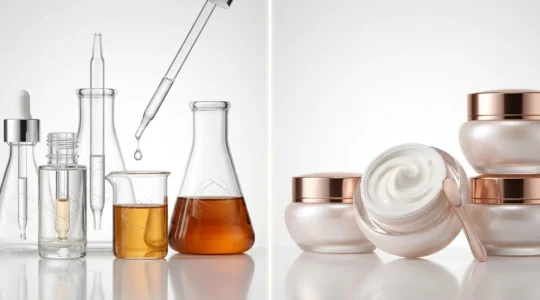 Analyse comparative visuelle entre cosméceutique et cosmétique traditionnelle dans un laboratoire moderne