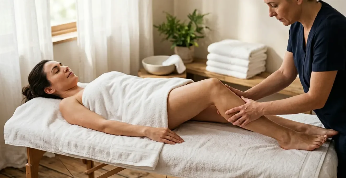 Femme allongée recevant un massage de drainage lymphatique sur les jambes dans un environnement spa apaisant