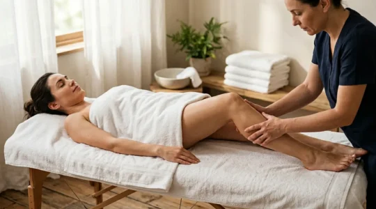 Femme allongée recevant un massage de drainage lymphatique sur les jambes dans un environnement spa apaisant