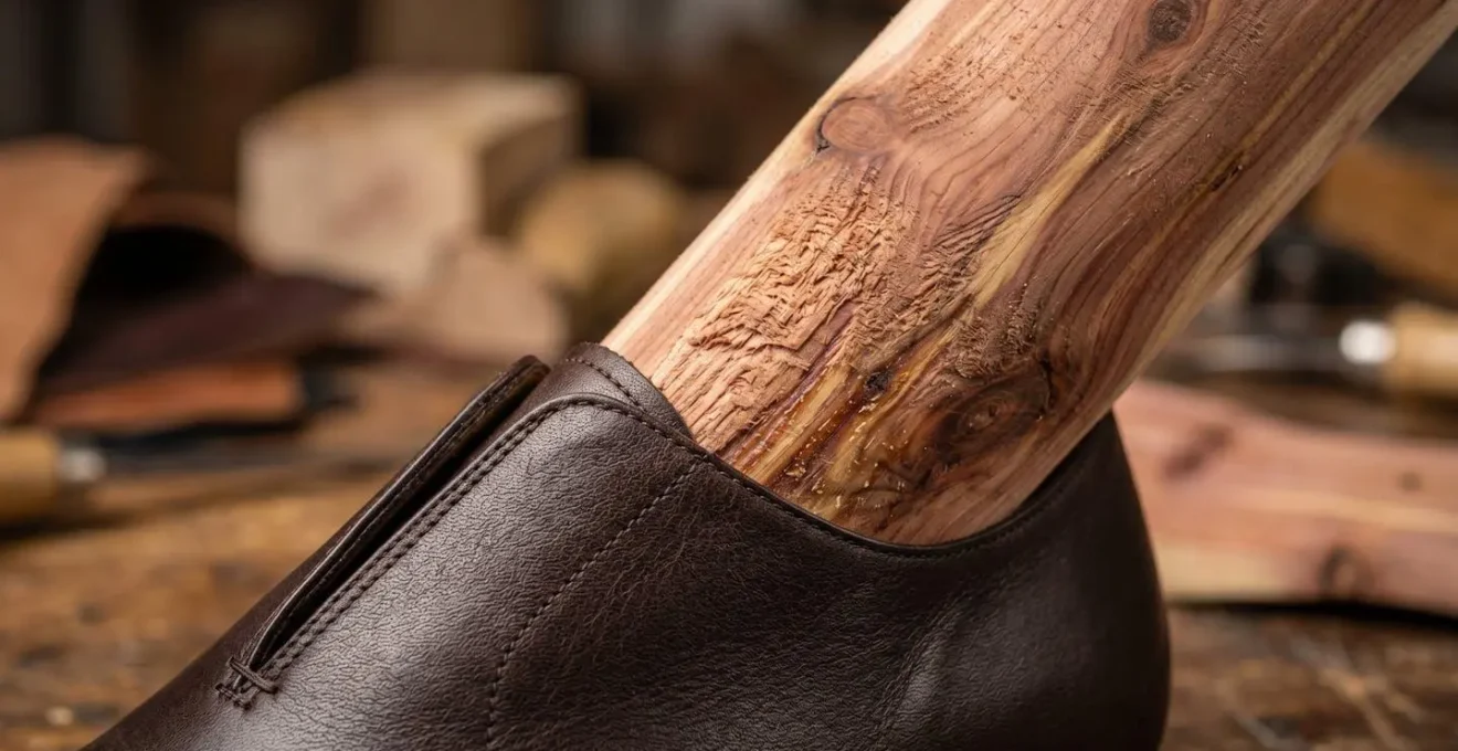 Embauchoirs en cèdre rouge insérés dans des chaussures en cuir avec détails de texture du bois