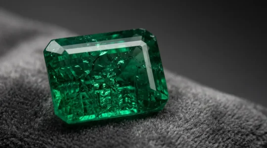 Émeraude verte précieuse montrant ses inclusions naturelles caractéristiques en gros plan macro