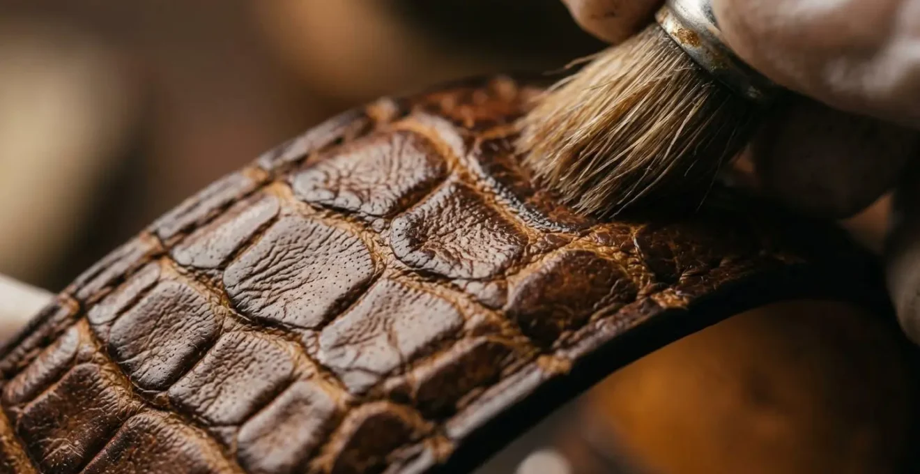 Gros plan sur les écailles d'un bracelet en alligator avec produits d'entretien spécialisés