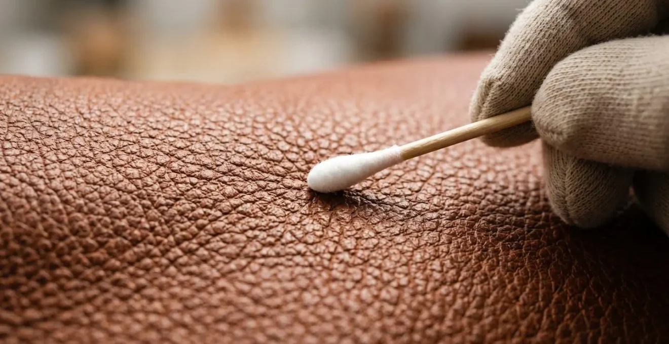 Gros plan sur une main nettoyant délicatement du cuir grainé avec un coton