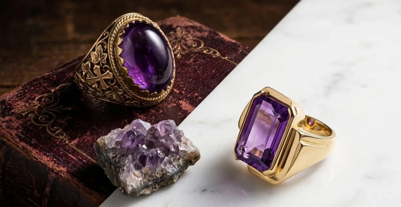 Composition artistique montrant l'évolution de l'améthyste de la bague épiscopale au bijou contemporain