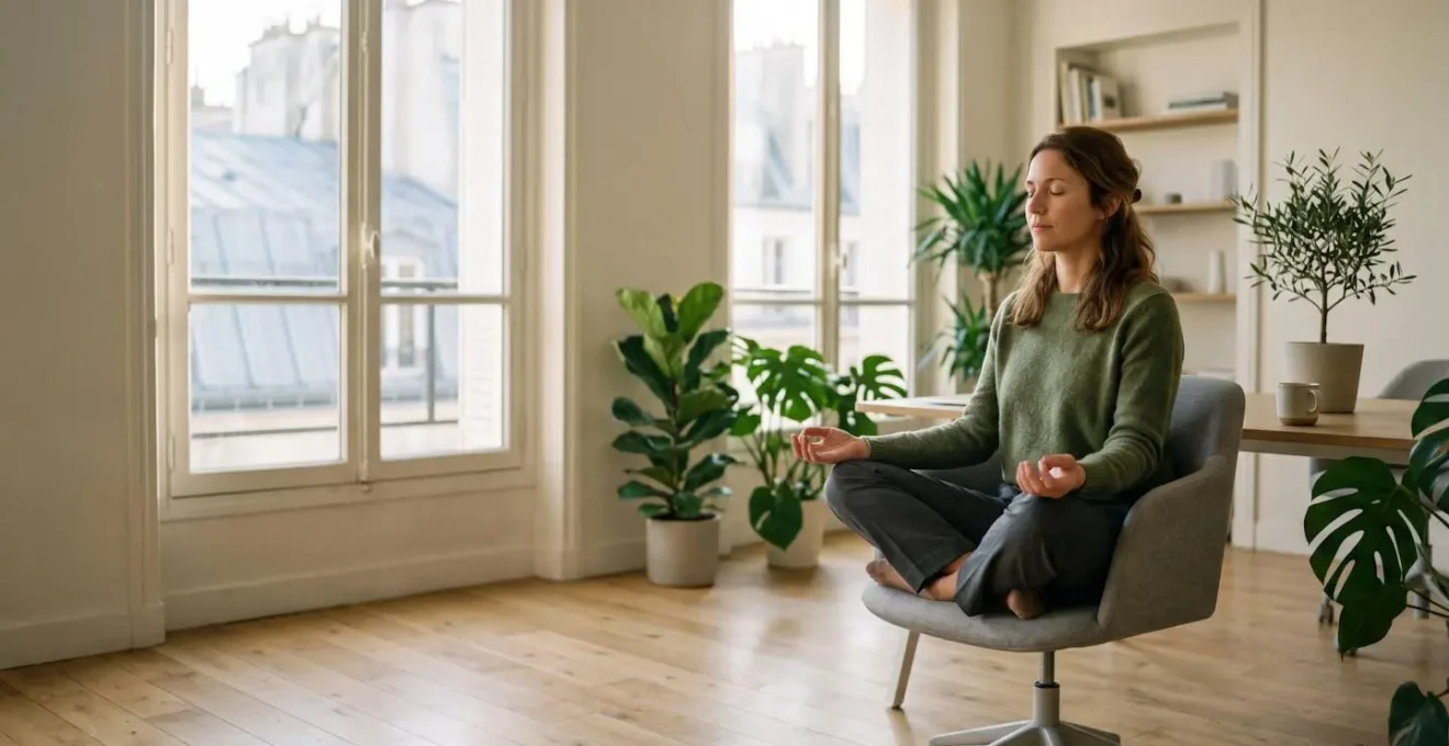 Femme pratiquant la cohérence cardiaque dans un environnement de bureau épuré