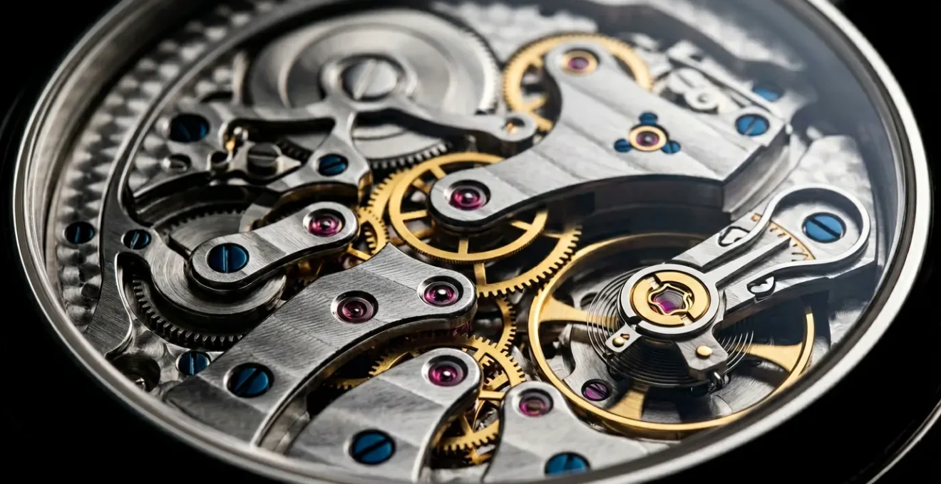 Vue macro détaillée d'un mouvement horloger visible à travers un fond transparent en cristal saphir