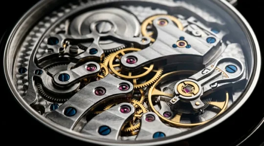 Vue macro détaillée d'un mouvement horloger visible à travers un fond transparent en cristal saphir