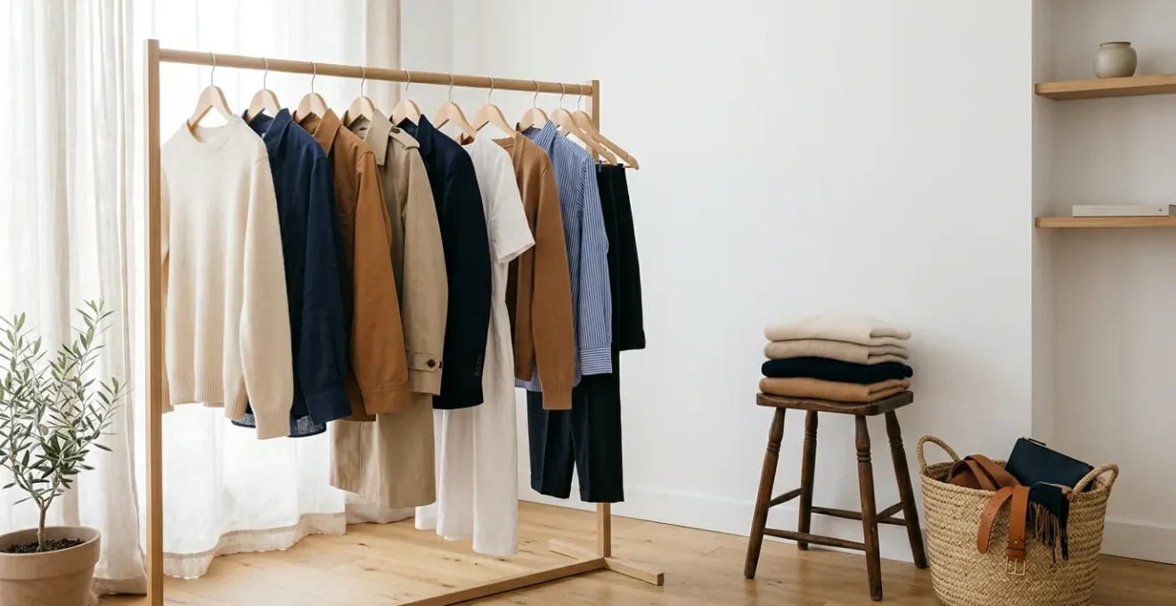 Composition artistique d'un dressing minimaliste avec vêtements de qualité en matières naturelles, palette de couleurs neutres et harmonieuse