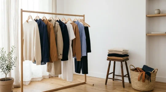 Composition artistique d'un dressing minimaliste avec vêtements de qualité en matières naturelles, palette de couleurs neutres et harmonieuse