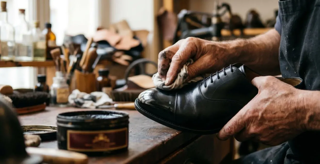 Gros plan sur un glaçage miroir parfait sur le bout dur d'une chaussure en cuir