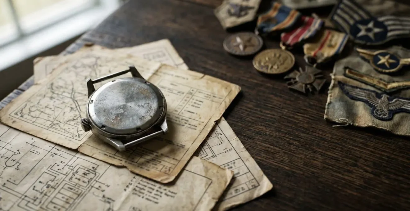 Vue macro du fond gravé d'une montre militaire vintage avec marquages MN
