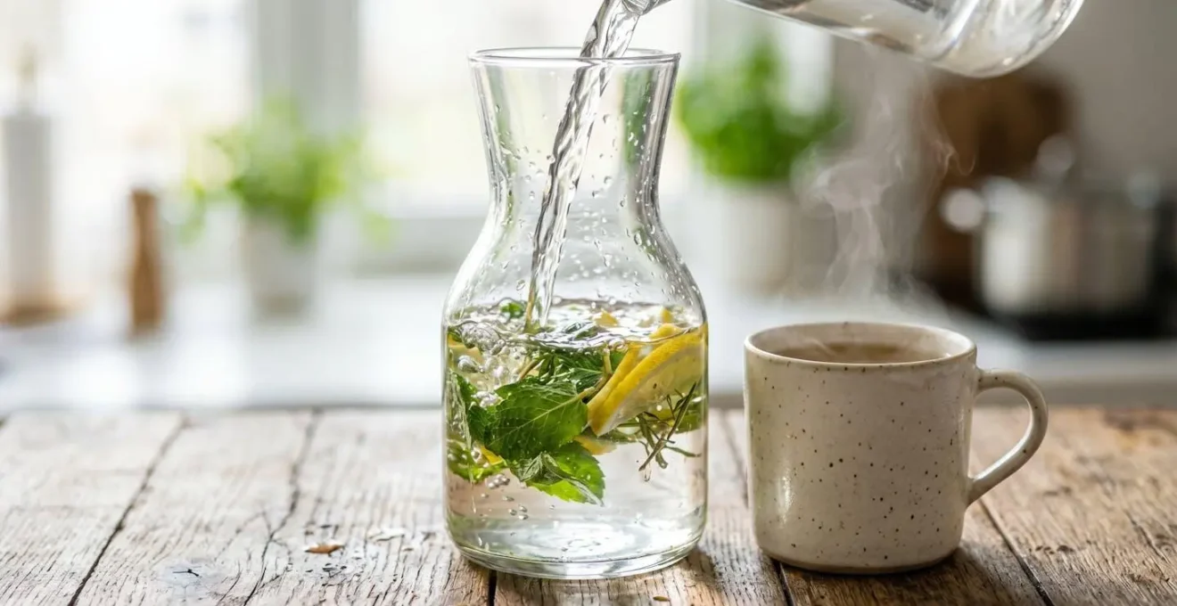 Carafe d'eau infusée et tasse de tisane drainante sur une table en bois naturel