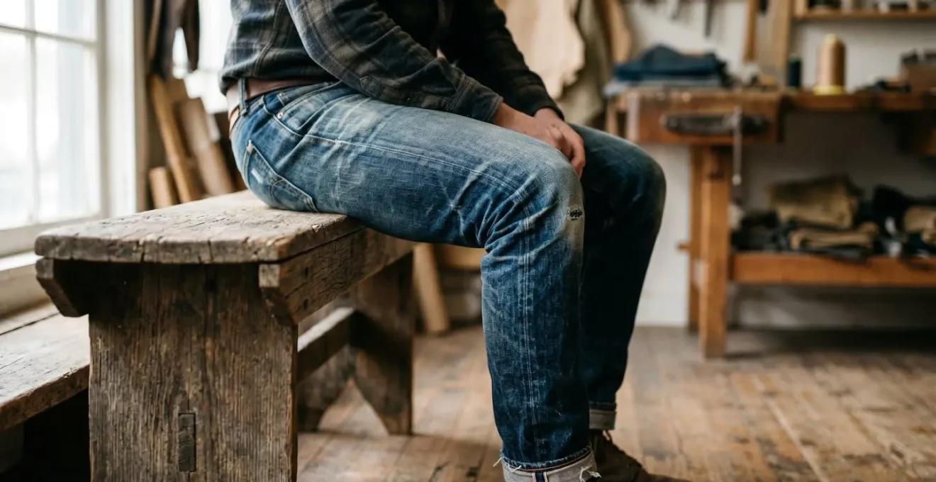 Jean selvedge patiné montrant les moustaches caractéristiques et les marques d'usure naturelle aux genoux