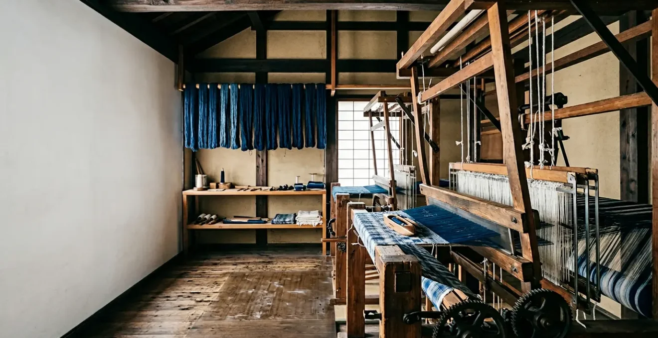 Atelier de tissage japonais avec métier à navette traditionnel et fils d'indigo en lumière naturelle