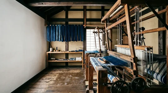 Atelier de tissage japonais avec métier à navette traditionnel et fils d'indigo en lumière naturelle