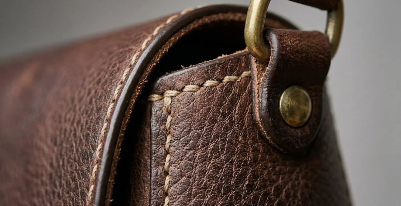 Gros plan sur les détails artisanaux d'un sac en cuir de haute qualité montrant les finitions soignées