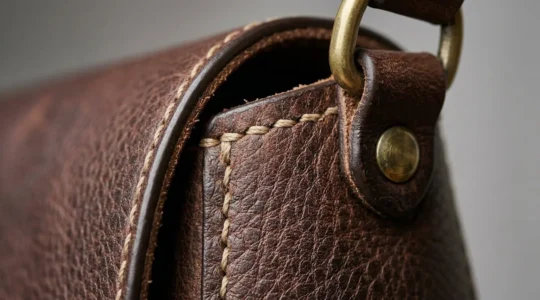 Gros plan sur les détails artisanaux d'un sac en cuir de haute qualité montrant les finitions soignées