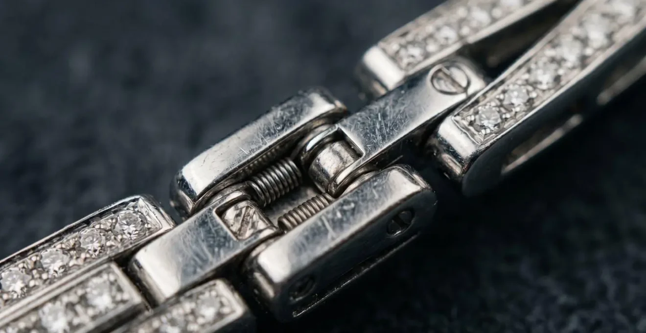Gros plan macro sur le mécanisme d'articulation invisible d'un collier de haute joaillerie