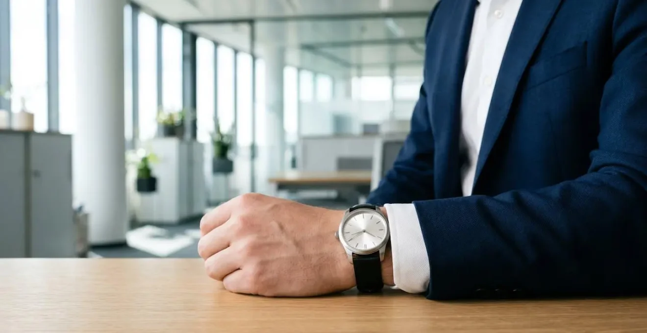 Poignet masculin portant une montre à cadran argenté sur une manchette blanche avec costume bleu marine en arrière-plan