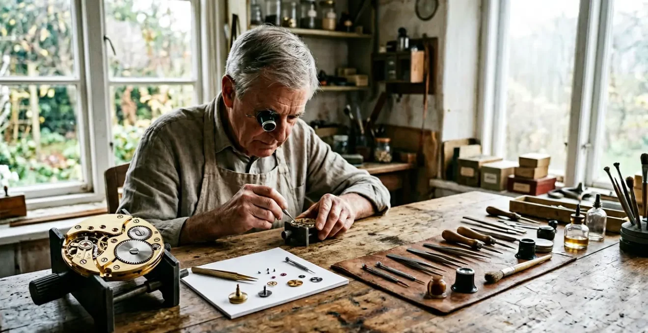 Atelier d'horloger indépendant avec établi traditionnel et montre de créateur en assemblage