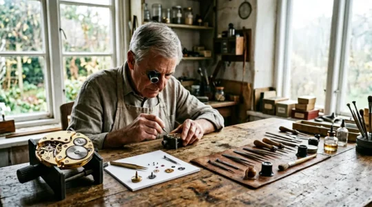 Atelier d'horloger indépendant avec établi traditionnel et montre de créateur en assemblage