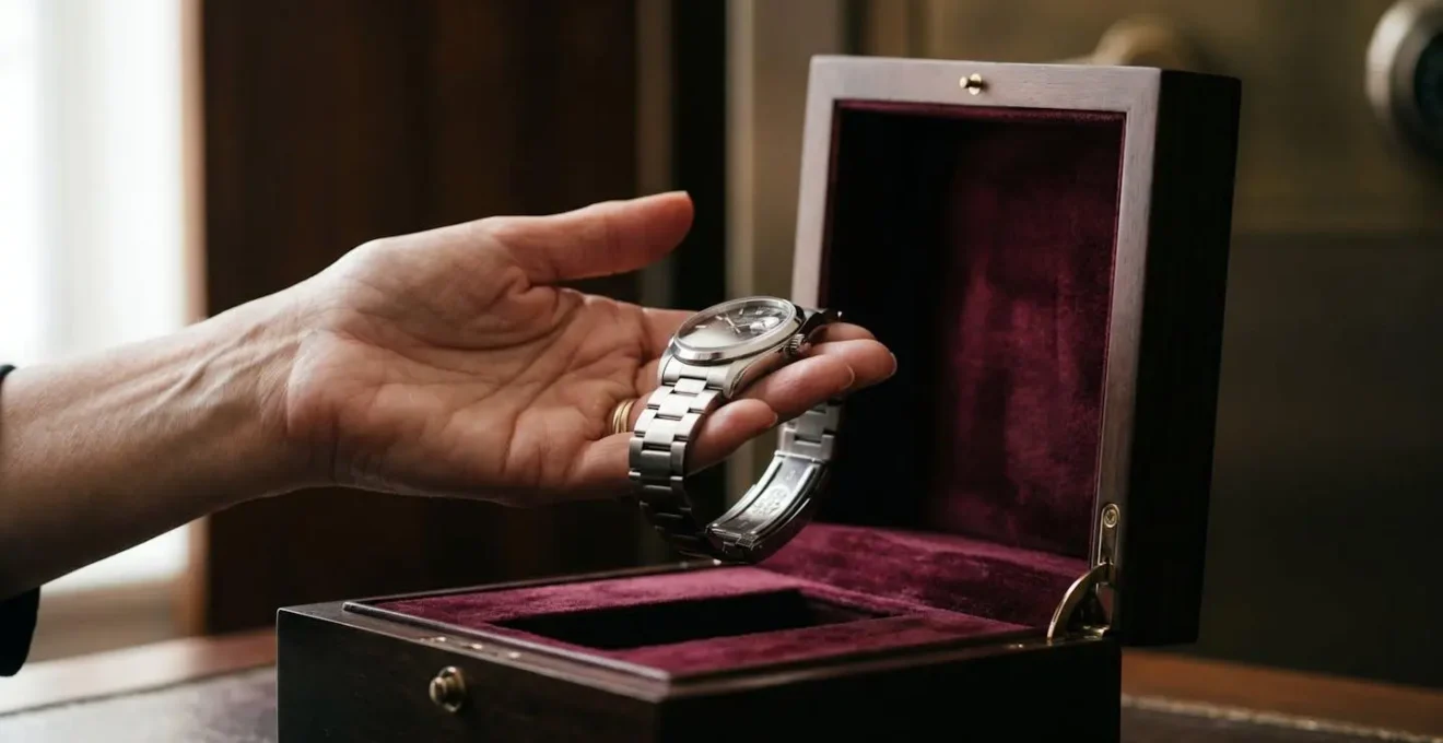 Main tenant délicatement une montre de luxe au-dessus d'un écrin ouvert avec intérieur velours