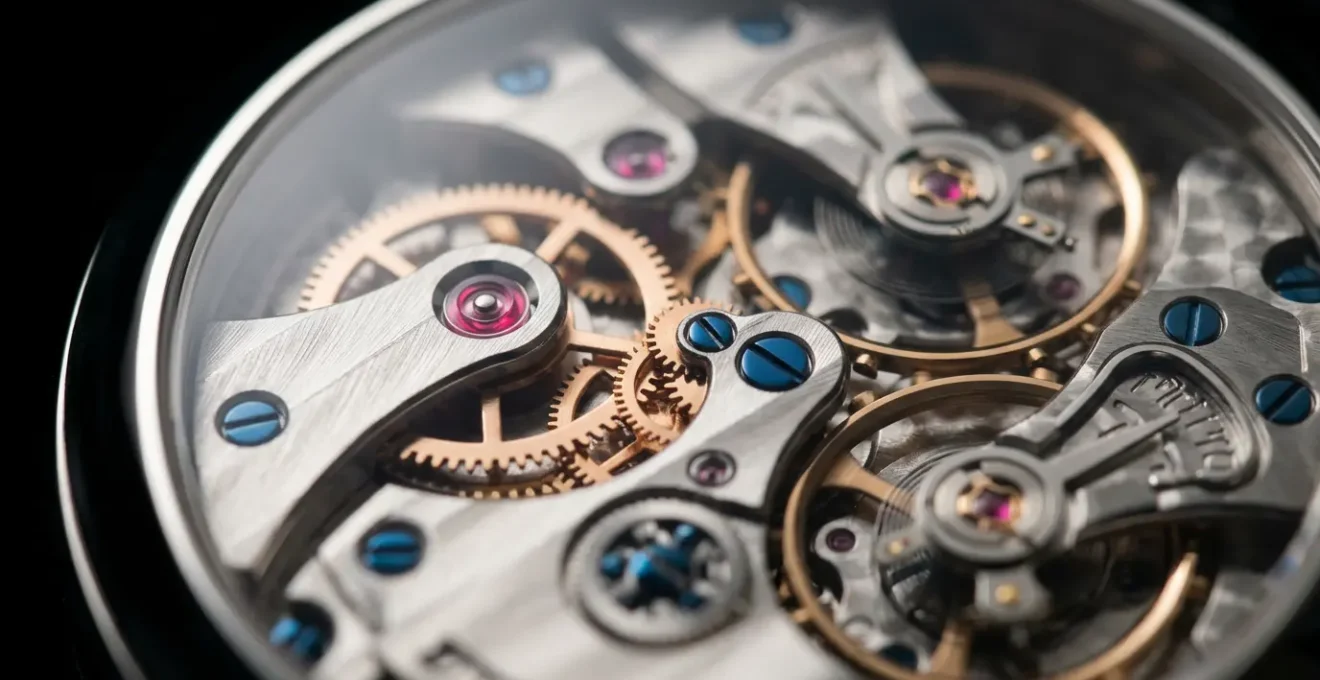 Vue macro d'un mouvement horloger suisse avec détails mécaniques dorés et acier poli