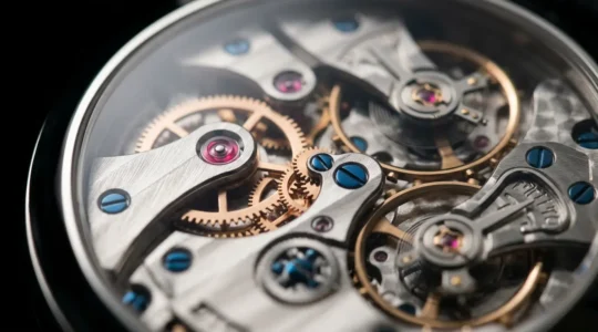 Vue macro d'un mouvement horloger suisse avec détails mécaniques dorés et acier poli