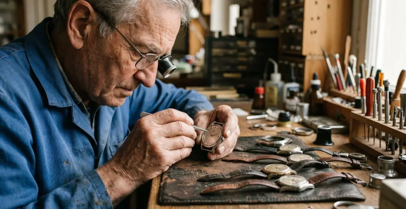 Collection de montres vintage de marques oubliées disposées sur plateau en velours