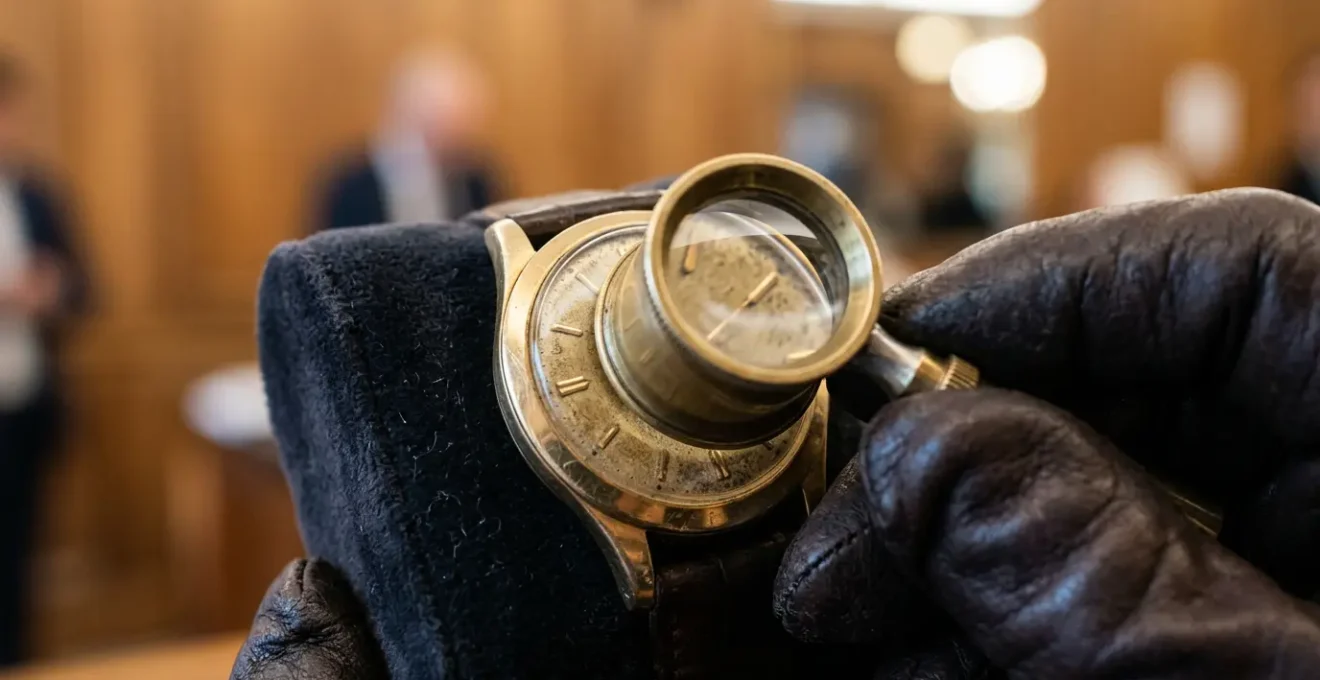 Inspection minutieuse d'une montre vintage dorée à la loupe pendant une exposition publique