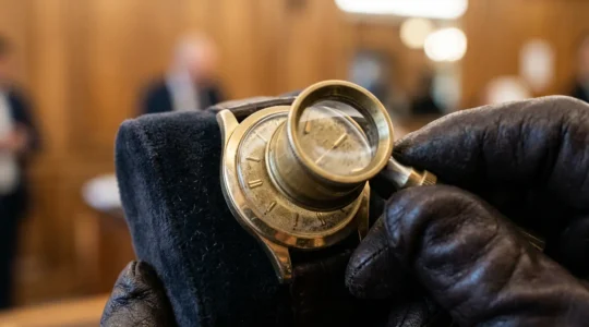Inspection minutieuse d'une montre vintage dorée à la loupe pendant une exposition publique