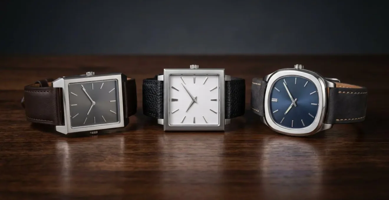 Gros plan sur trois montres aux formes géométriques différentes posées sur bureau en bois