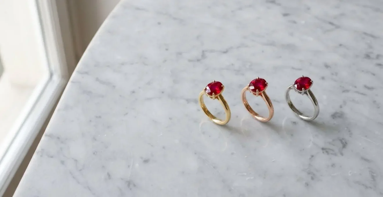 Trois bagues avec rubis identiques montés sur or jaune, or rose et platine