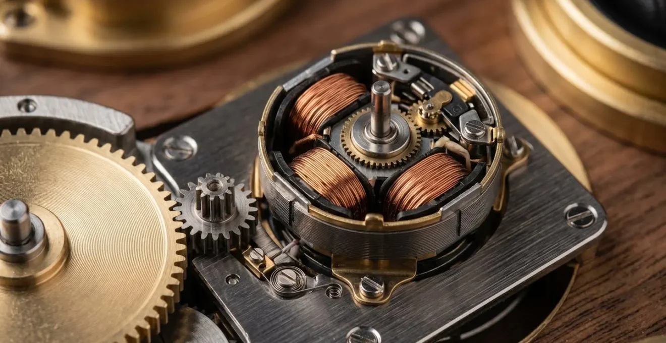 Vue macro d'un moteur Mabuchi japonais dans un remontoir de montre de luxe