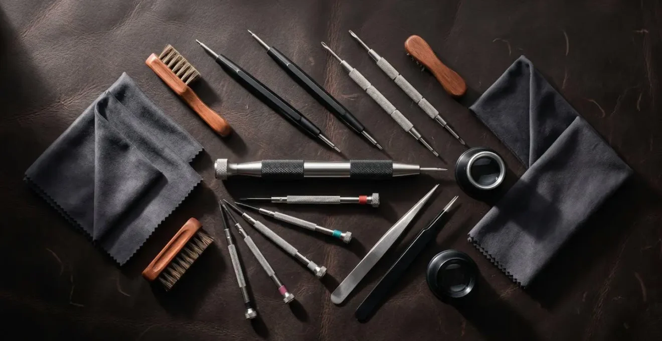 Ensemble d'outils horlogers professionnels pour le changement de bracelet disposés avec précision