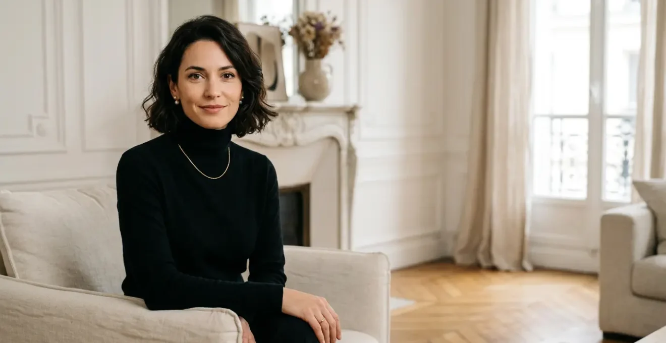 Portrait d'une femme élégante portant une parure de bijoux avec subtilité dans un décor minimaliste parisien