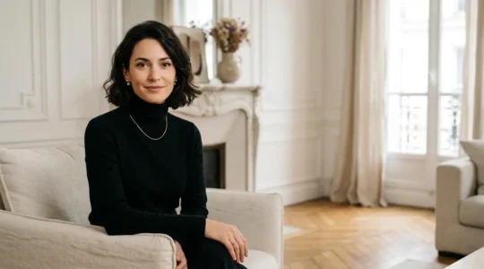 Portrait d'une femme élégante portant une parure de bijoux avec subtilité dans un décor minimaliste parisien
