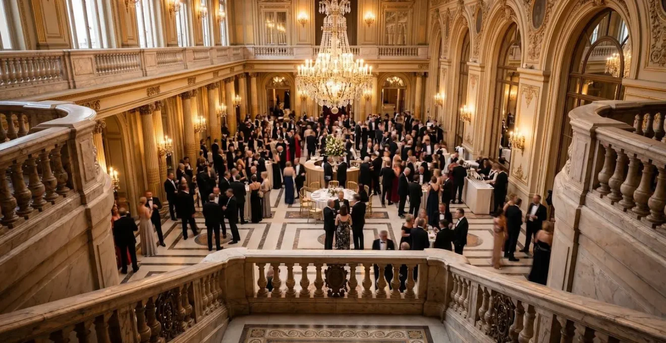 Vue large d'une salle de gala avec invités en tenue de soirée et parures scintillantes